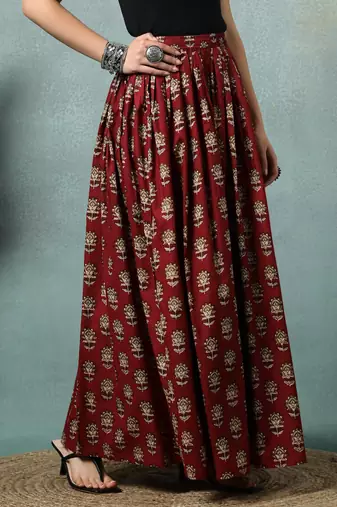 Maroon floral printed cotton flared maxi skirt for women
