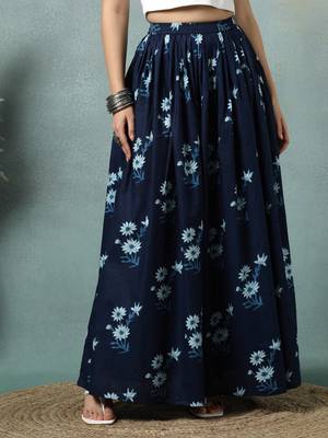 Blue floral printed cotton flared maxi skirt for women 2