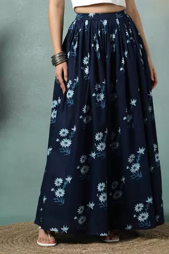 Blue floral printed cotton flared maxi skirt for women