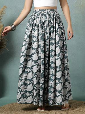 Grey floral printed cotton flared maxi skirt for women 2