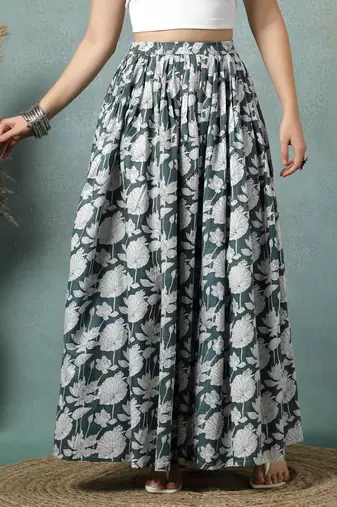 Grey floral printed cotton flared maxi skirt for women