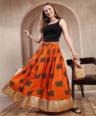 Orange graphic printed cotton flared maxi skirt for women 5