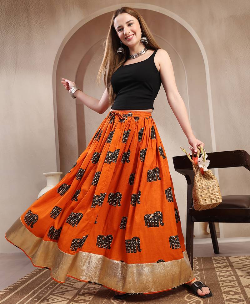Orange graphic printed cotton flared maxi skirt for women