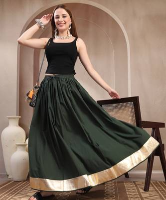 Green plain cotton flared maxi skirt for women 5