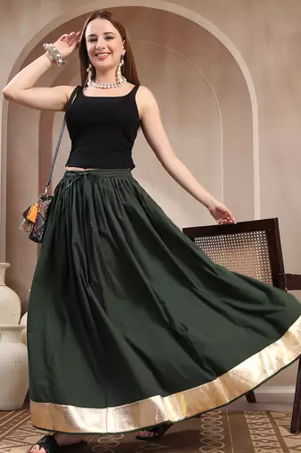 Green plain cotton flared maxi skirt for women