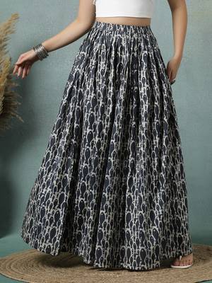 Grey graphic printed cotton flared maxi skirt for women 2