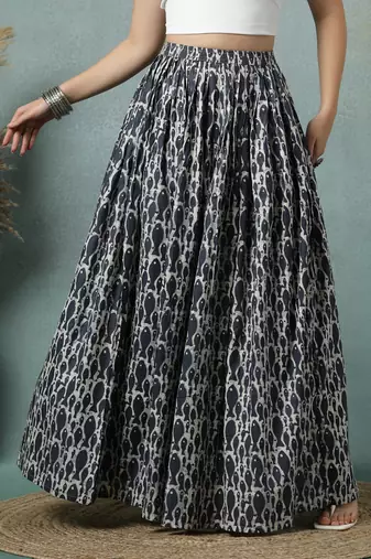 Grey graphic printed cotton flared maxi skirt for women