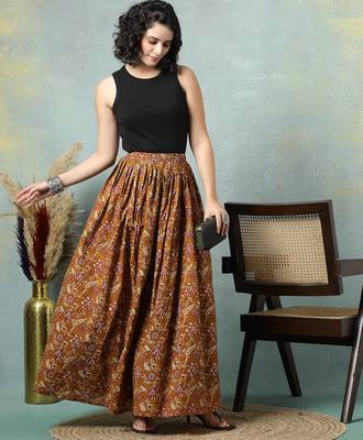 Brown floral printed cotton flared maxi skirt for women 5