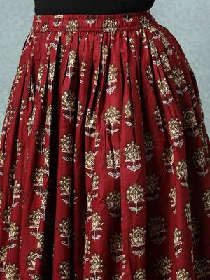 Maroon floral printed cotton flared maxi skirt for women 4