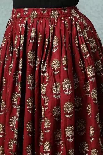 Maroon floral printed cotton flared maxi skirt for women