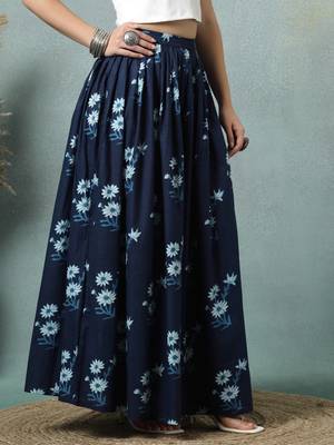 Blue floral printed cotton flared maxi skirt for women 3