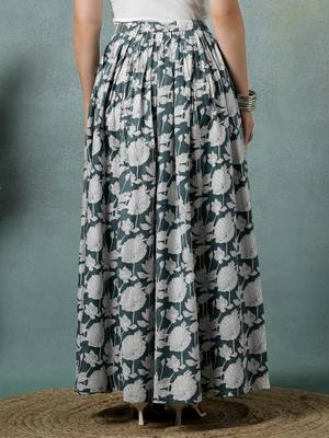 Grey floral printed cotton flared maxi skirt for women 3