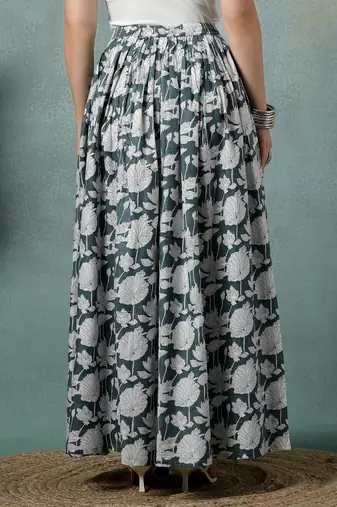 Grey floral printed cotton flared maxi skirt for women