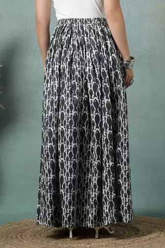 Grey graphic printed cotton flared maxi skirt for women