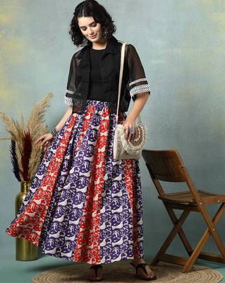 Multicolor floral printed cotton flared maxi skirt for women 5