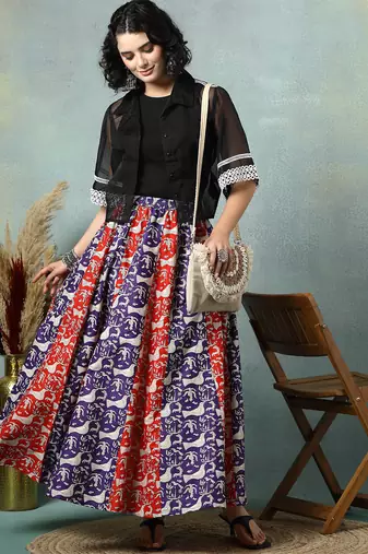 Multicolor floral printed cotton flared maxi skirt for women