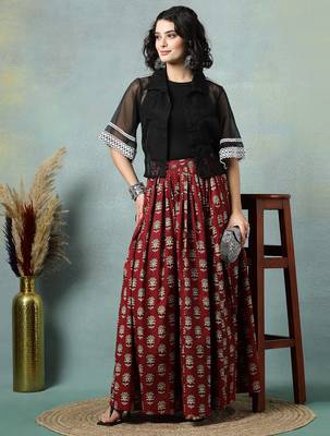 Maroon floral printed cotton flared maxi skirt for women 5