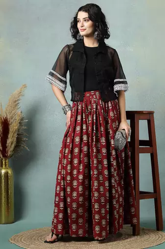 Maroon floral printed cotton flared maxi skirt for women