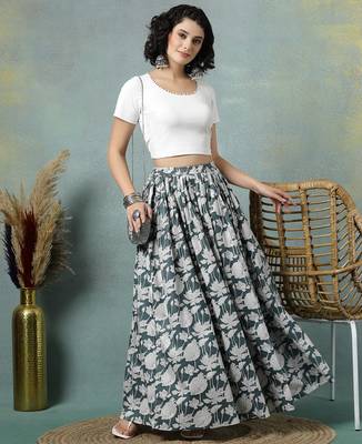 Grey floral printed cotton flared maxi skirt for women 4