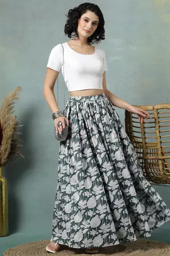 Grey floral printed cotton flared maxi skirt for women