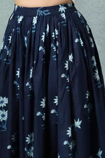 Blue floral printed cotton flared maxi skirt for women