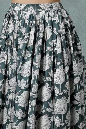 Grey floral printed cotton flared maxi skirt for women
