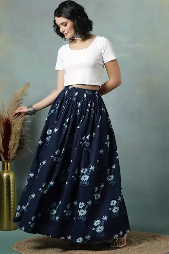 Blue floral printed cotton flared maxi skirt for women