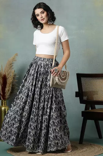 Grey graphic printed cotton flared maxi skirt for women