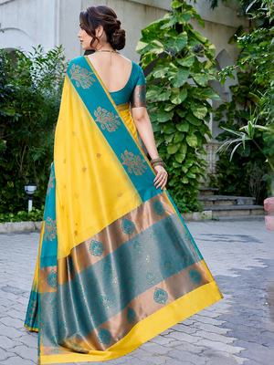 Yellow & teal blue woven art silk traditional saree with unstitched blouse 2