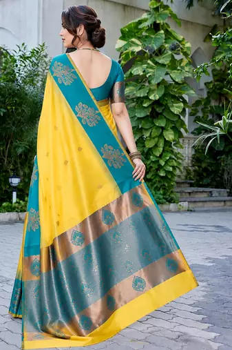 Yellow & teal blue woven art silk traditional saree with unstitched blouse