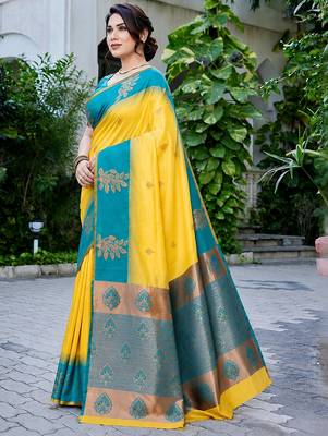 Yellow & teal blue woven art silk traditional saree with unstitched blouse 3