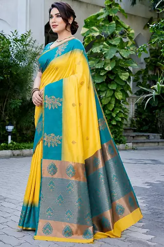 Yellow & teal blue woven art silk traditional saree with unstitched blouse