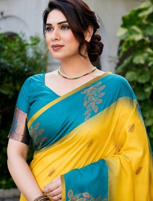 Yellow & teal blue woven art silk traditional saree with unstitched blouse 4