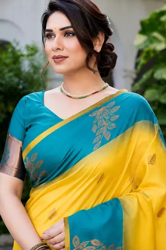 Yellow & teal blue woven art silk traditional saree with unstitched blouse