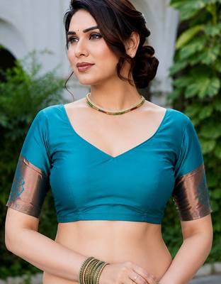 Yellow & teal blue woven art silk traditional saree with unstitched blouse 5