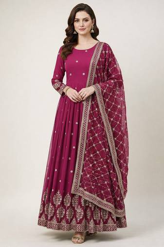 Rani pink colour embroidered faux georgette gown with dupatta