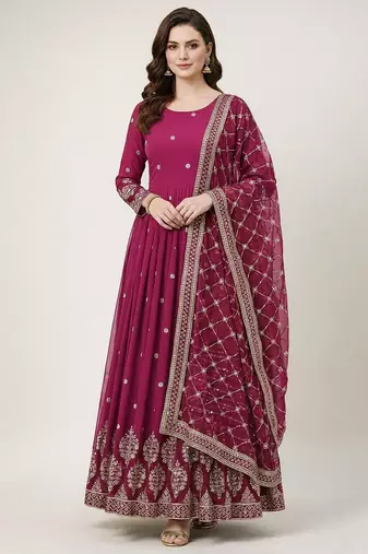 Rani pink colour embroidered faux georgette gown with dupatta