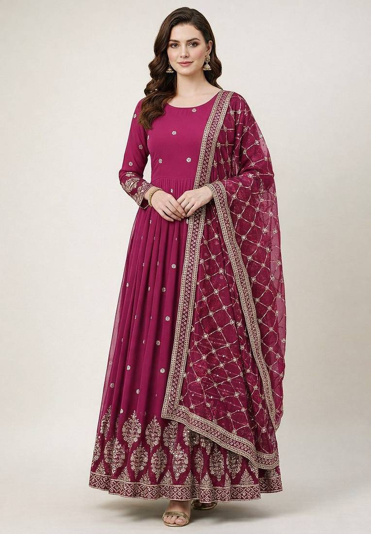 Rani pink colour embroidered faux georgette gown with dupatta