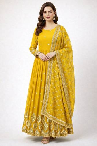 Yellow colour embroidered faux georgette gown with dupatta
