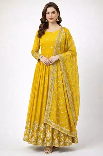 Yellow colour embroidered faux georgette gown with dupatta