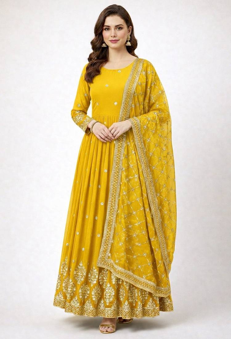 Yellow colour embroidered faux georgette gown with dupatta