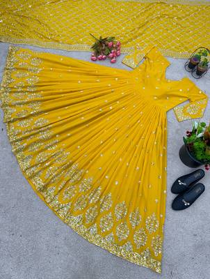 Yellow colour embroidered faux georgette gown with dupatta 2