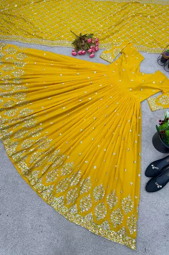 Yellow colour embroidered faux georgette gown with dupatta
