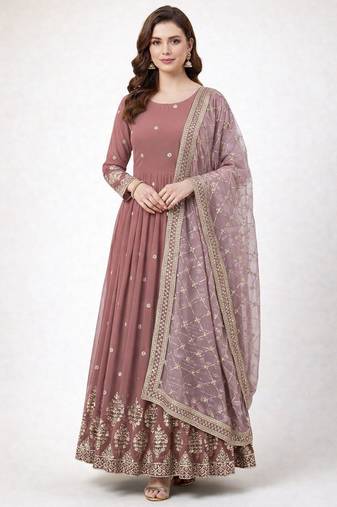 Rosepink colour embroidered faux georgette gown with dupatta