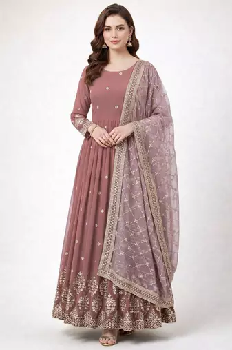 Rosepink colour embroidered faux georgette gown with dupatta