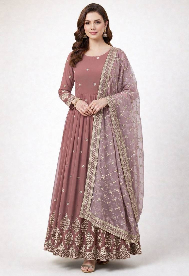 Rosepink colour embroidered faux georgette gown with dupatta