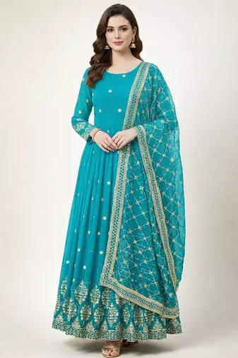Blue colour embroidered faux georgette gown with dupatta