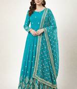 Blue colour embroidered faux georgette gown with dupatta