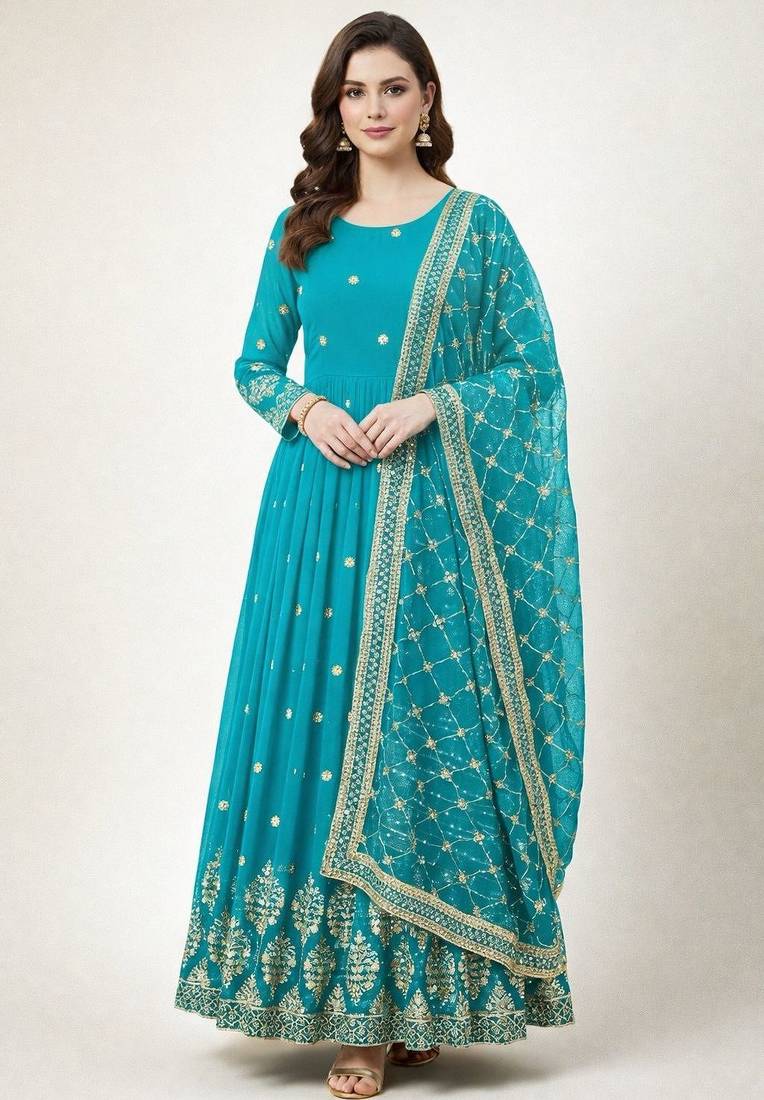 Blue colour embroidered faux georgette gown with dupatta