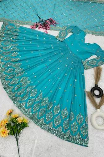 Blue colour embroidered faux georgette gown with dupatta